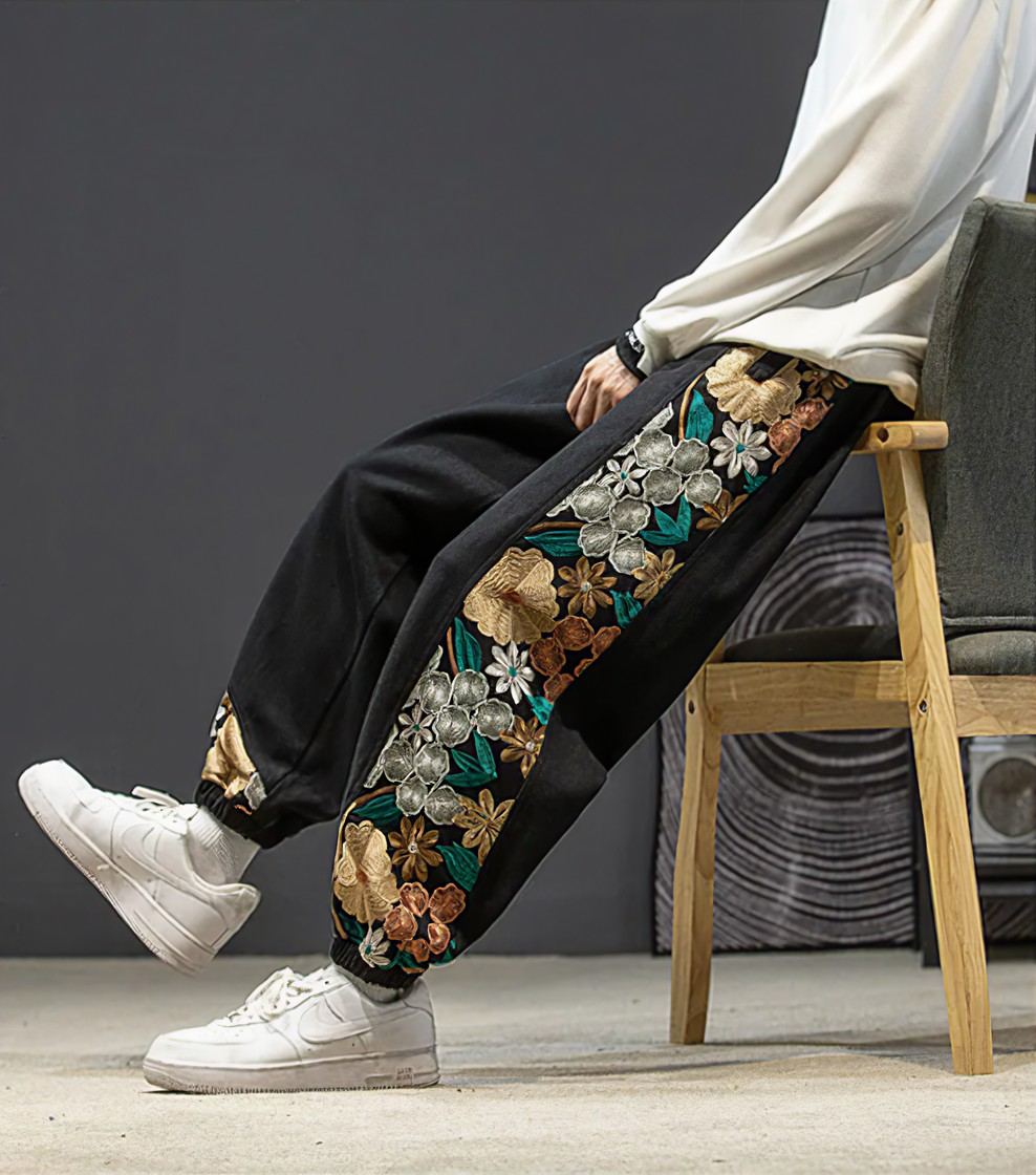 Floral-Embroidered Jogger Pants | Cotton Blend | Comfortable and Stylish