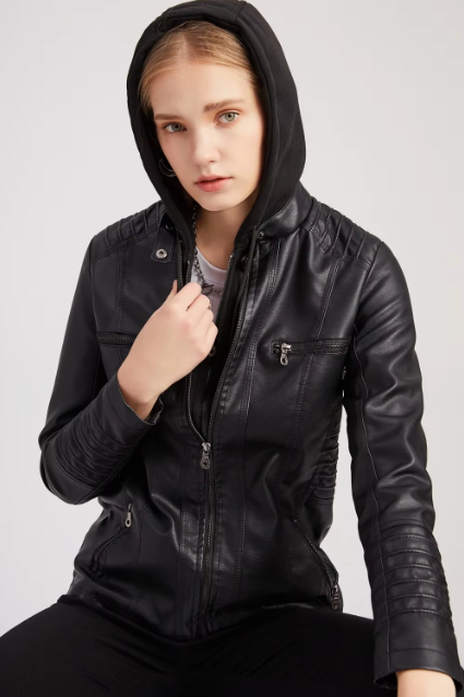 Hooded Faux Leather Biker Jacket | Slim Fit | Stylish and Versatile