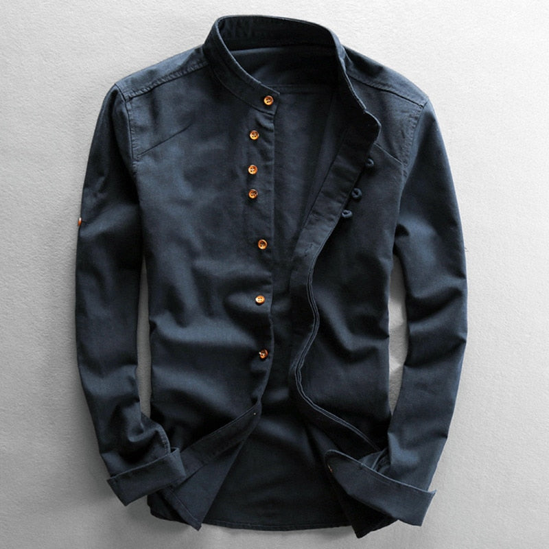 Mandarin Collar Shirt | Cotton-Linen Blend | Minimalist Design
