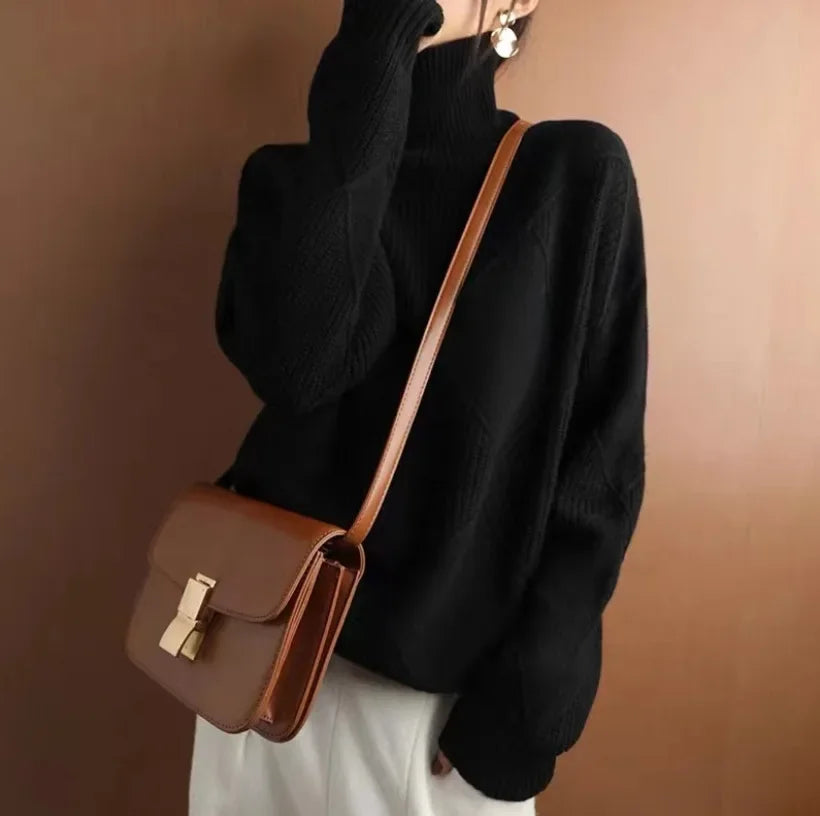 Diamond-Knit Turtleneck Sweater | Oversized Fit | Cozy and Chic