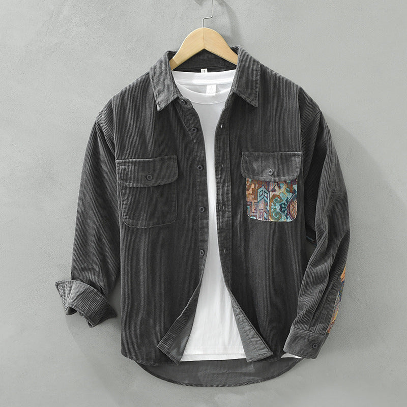 Corduroy Shirt with Printed Pocket | Soft Cotton Blend | Unique and Stylish