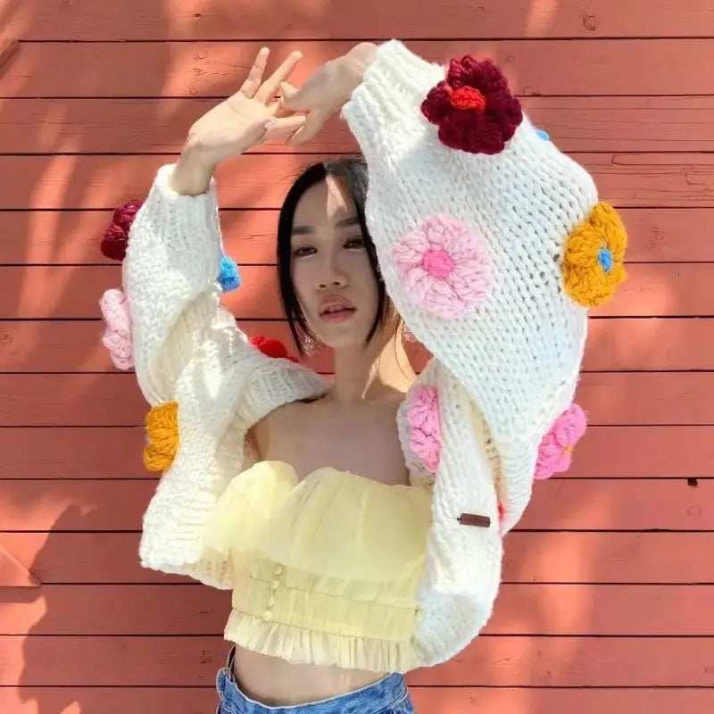 Floral Knit Cardigan | Vibrant 3D Flower Design | Casual and Fun Look