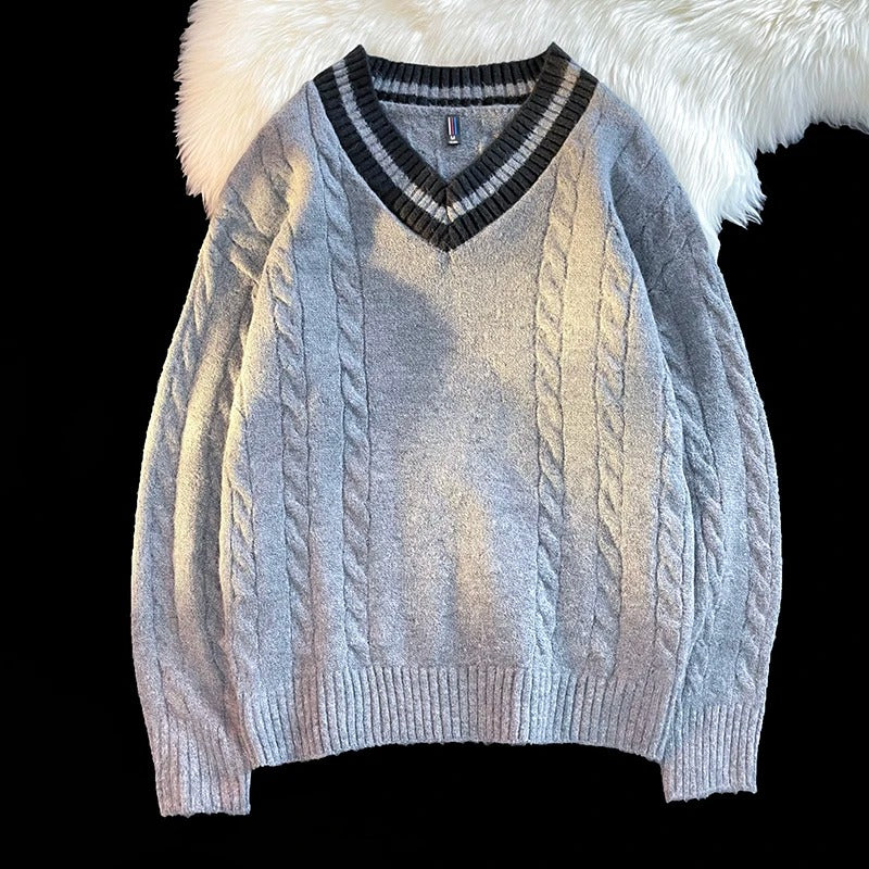 V-Neck Cable-Knit Sweater | Striped Accent | Timeless & Comfortable