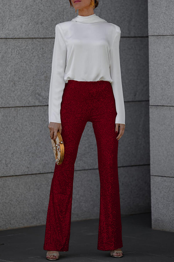 Sequin Flare Trousers | High-Rise Elastic Waist | Festive Wear