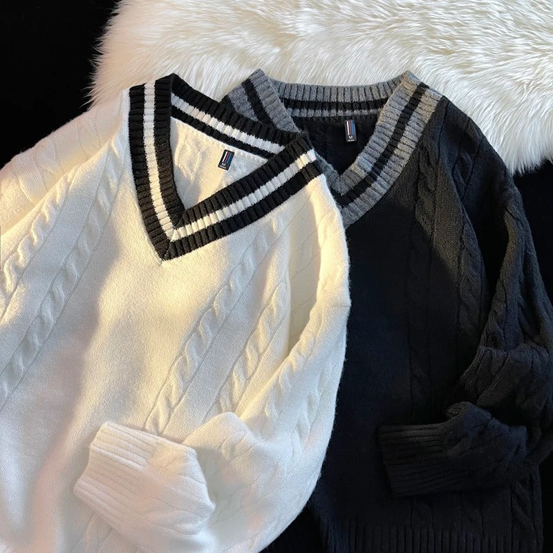 V-Neck Cable-Knit Sweater | Striped Accent | Timeless & Comfortable