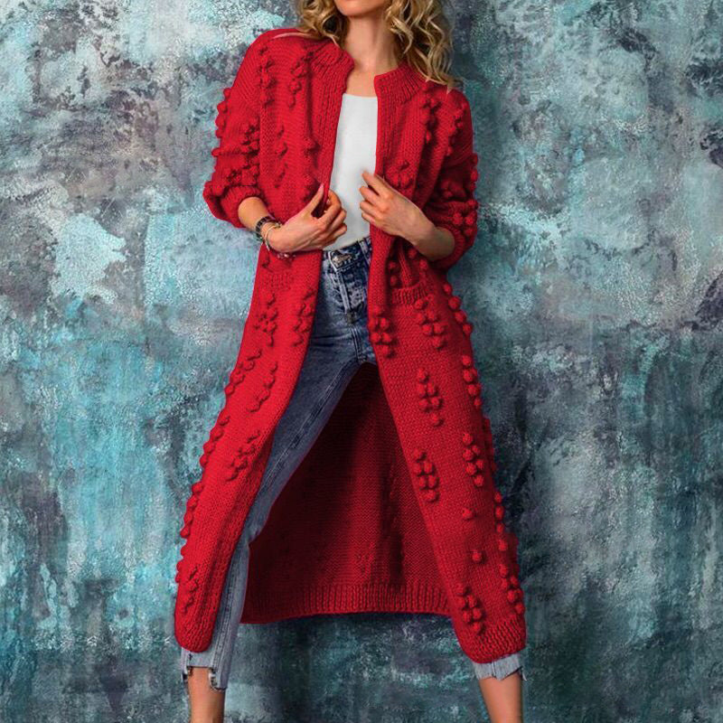 Long Pom-Pom Knit Cardigan | Open Front | Stylish and Cozy