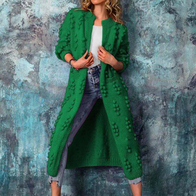 Long Pom-Pom Knit Cardigan | Open Front | Stylish and Cozy