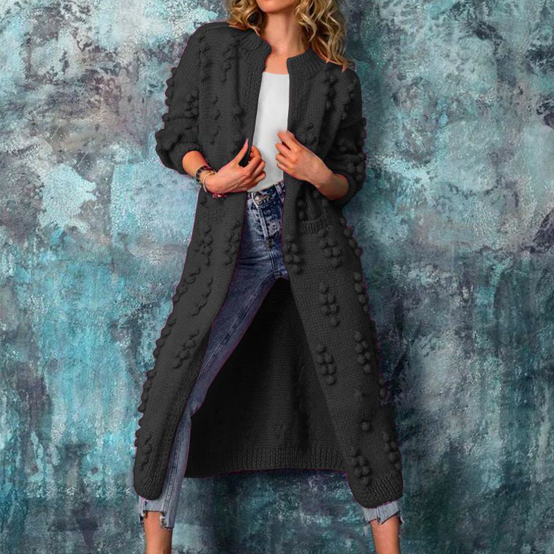 Long Pom-Pom Knit Cardigan | Open Front | Stylish and Cozy