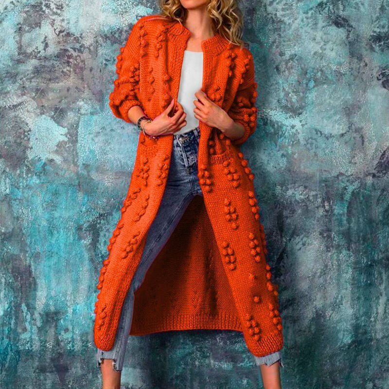 Long Pom-Pom Knit Cardigan | Open Front | Stylish and Cozy