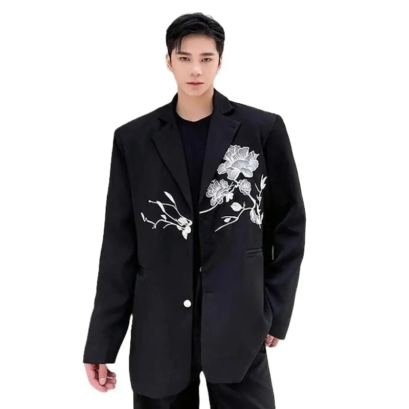 Slim-Fit Embroidered Blazer | Floral Design | Classic Black