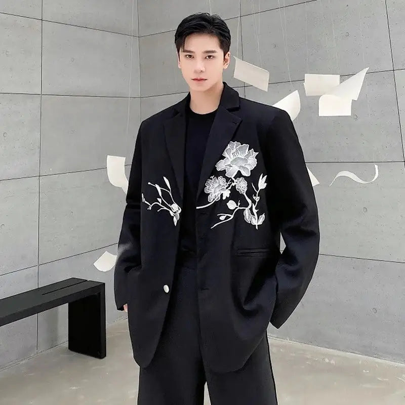 Slim-Fit Embroidered Blazer | Floral Design | Classic Black