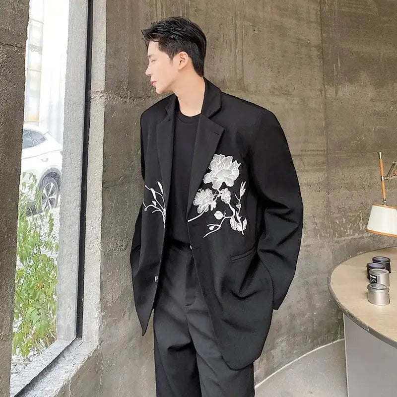 Slim-Fit Embroidered Blazer | Floral Design | Classic Black