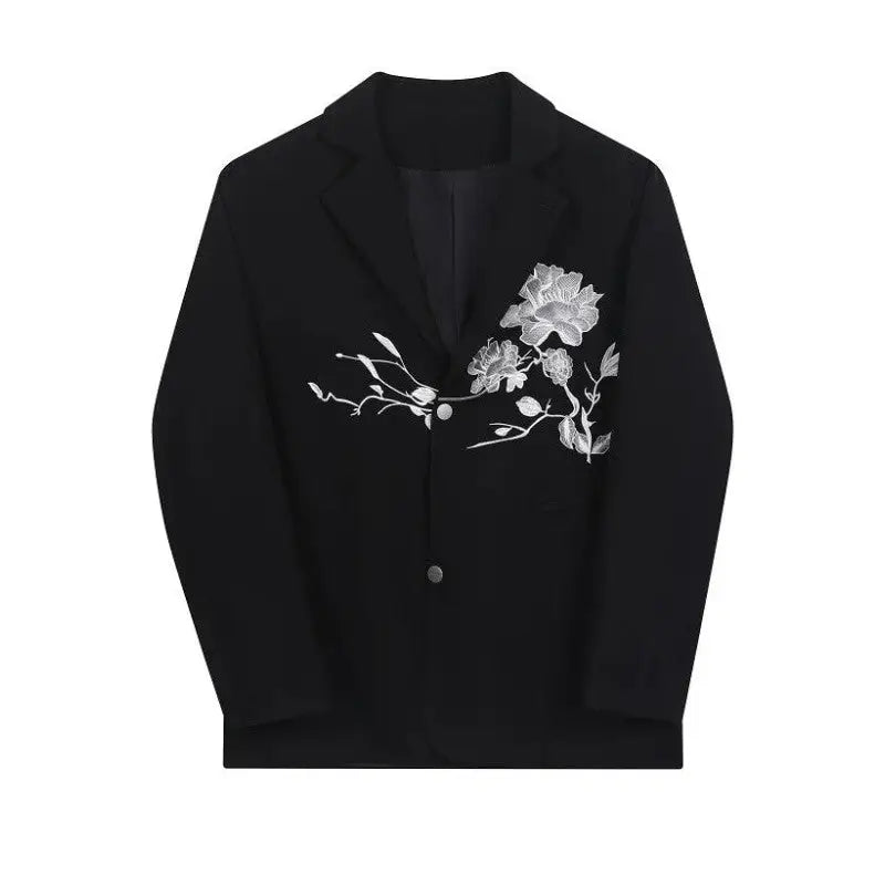 Slim-Fit Embroidered Blazer | Floral Design | Classic Black