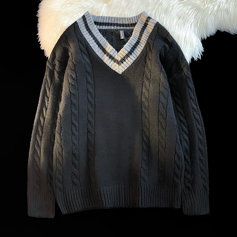 V-Neck Cable-Knit Sweater | Striped Accent | Timeless & Comfortable