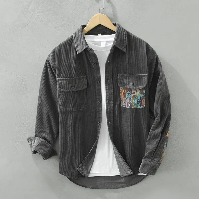 Corduroy Shirt with Printed Pocket | Soft Cotton Blend | Unique and Stylish