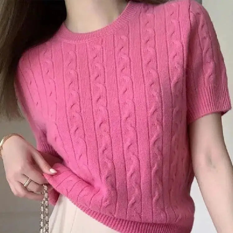 Short-Sleeve Cable-Knit Sweater | Lightweight & Comfortable | Classic Design
