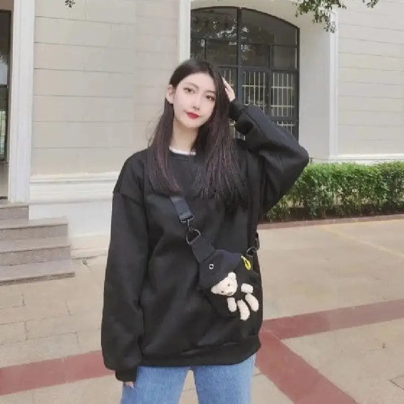 Oversized Sweatshirt with Teddy Bear Pouch | Playful Style | Cozy Comfort