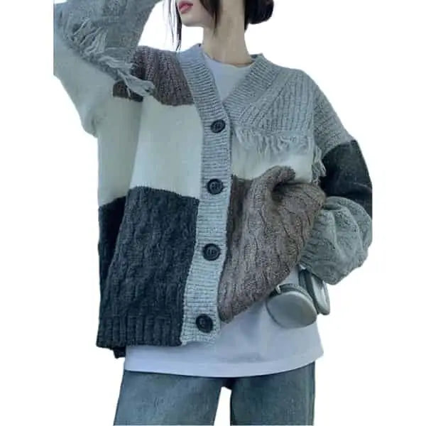Patchwork Knit Cardigan | Oversized Fit | Color-Block Style
