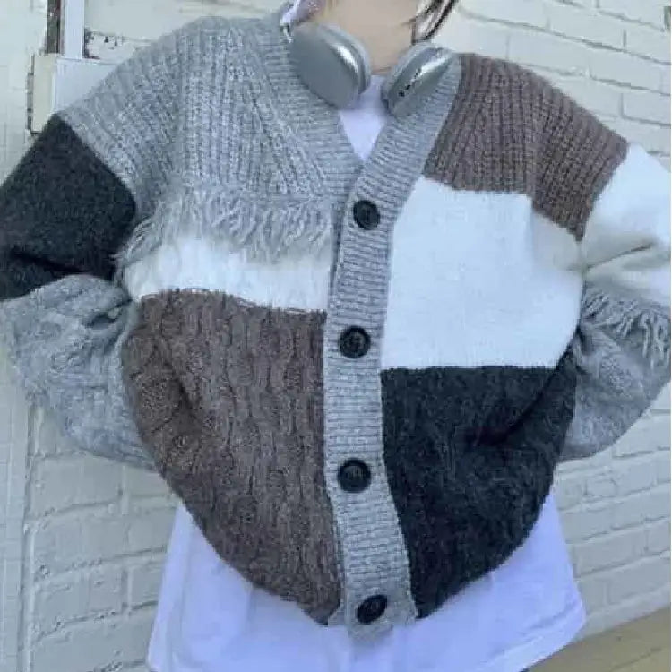 Patchwork Knit Cardigan | Oversized Fit | Color-Block Style