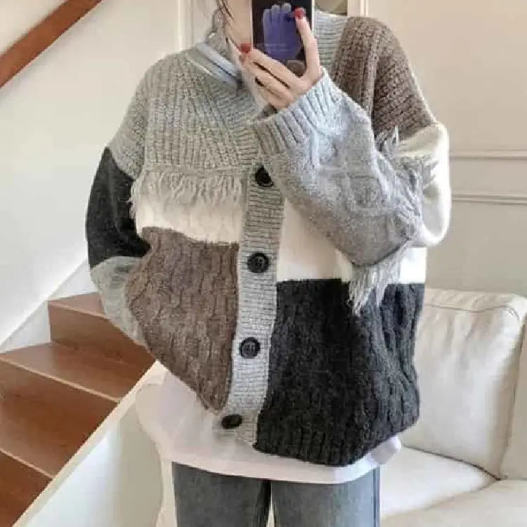 Patchwork Knit Cardigan | Oversized Fit | Color-Block Style