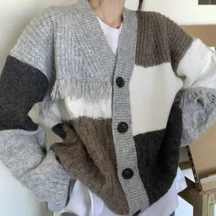Patchwork Knit Cardigan | Oversized Fit | Color-Block Style