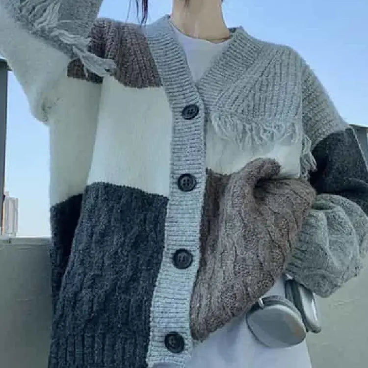 Patchwork Knit Cardigan | Oversized Fit | Color-Block Style