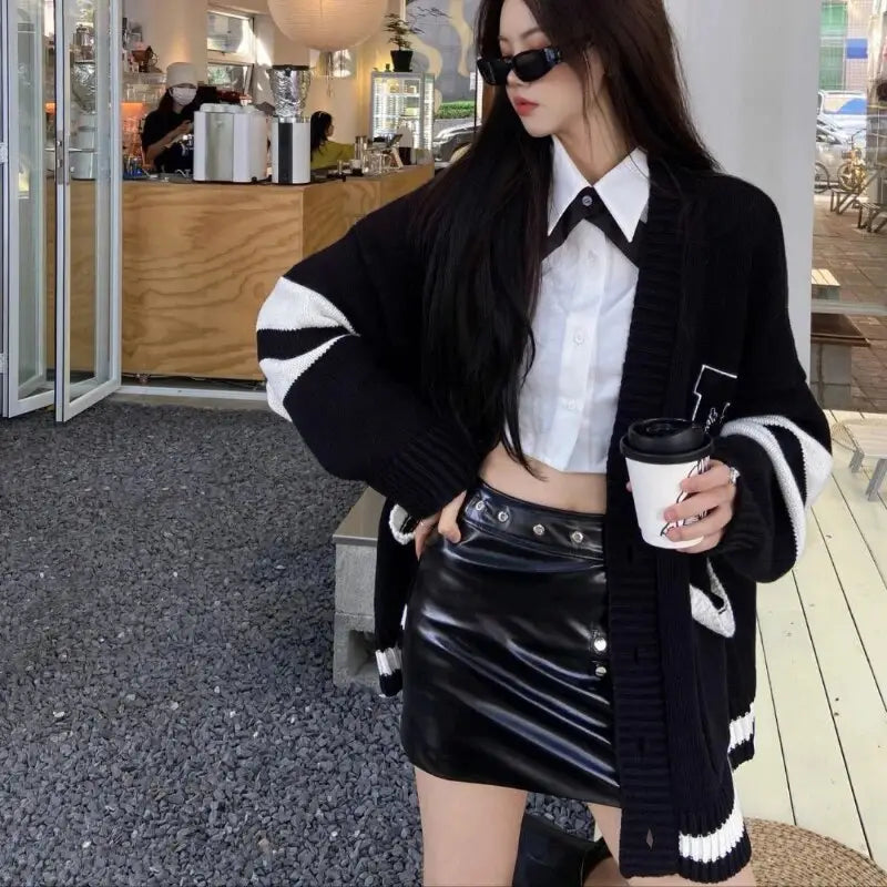 Oversized Black & White Stripe Knit Cardigan | Bold Design | Cozy Fit