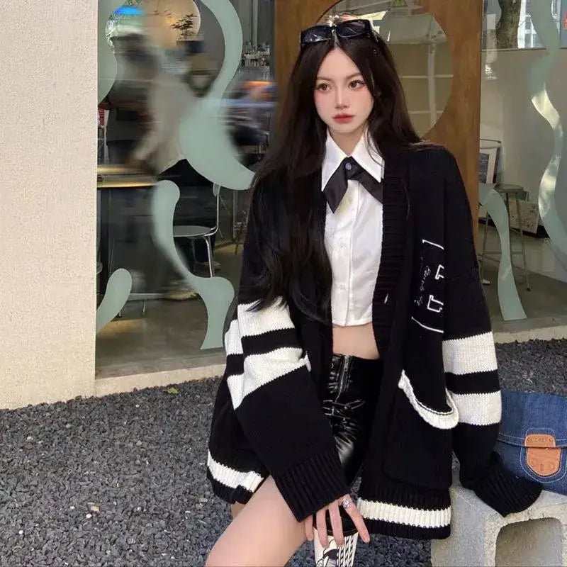 Oversized Black & White Stripe Knit Cardigan | Bold Design | Cozy Fit