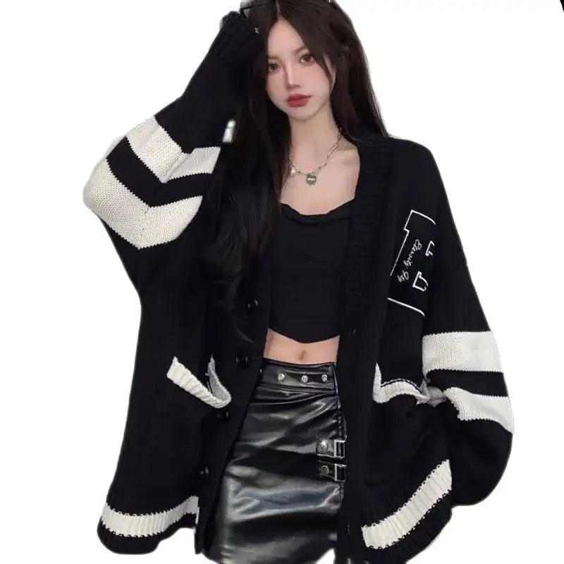 Oversized Black & White Stripe Knit Cardigan | Bold Design | Cozy Fit
