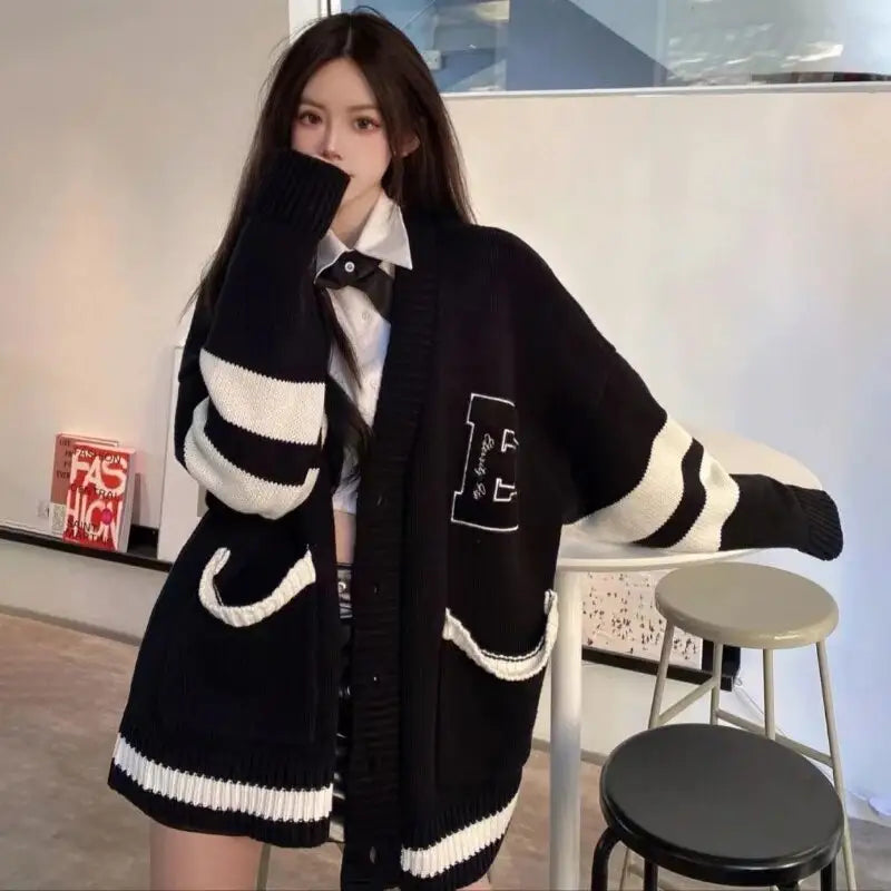 Oversized Black & White Stripe Knit Cardigan | Bold Design | Cozy Fit
