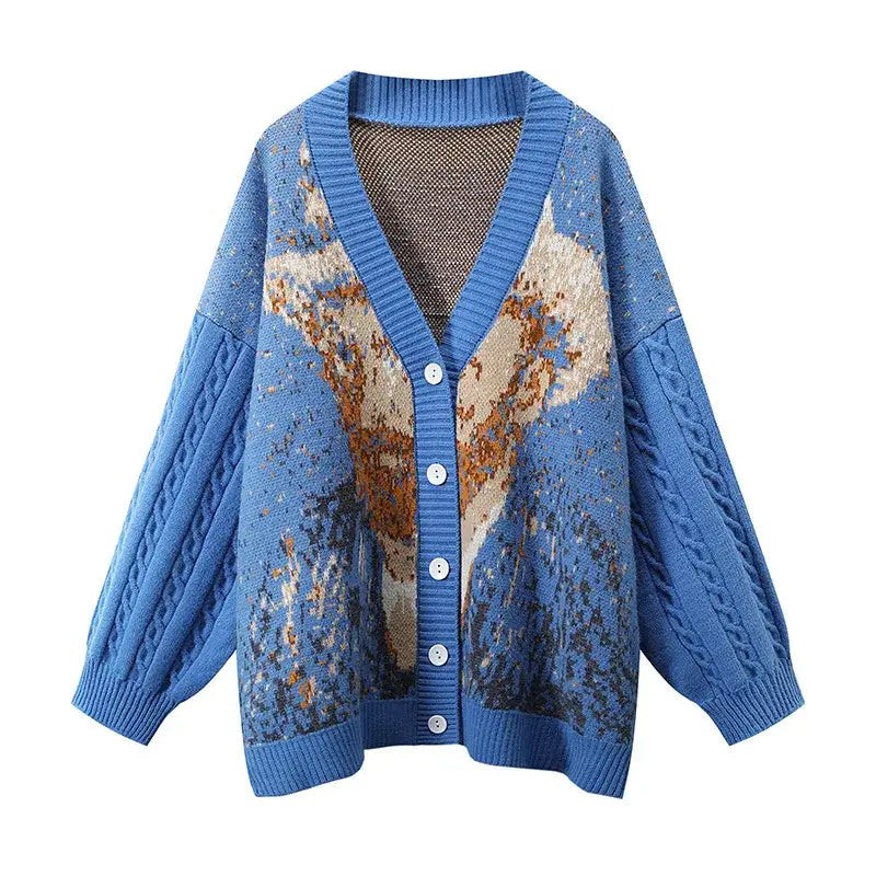 Van Gogh-Inspired Cardigan | Artistic Print | Relaxed Fit