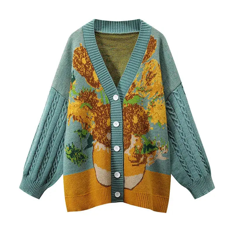 Van Gogh-Inspired Cardigan | Artistic Print | Relaxed Fit