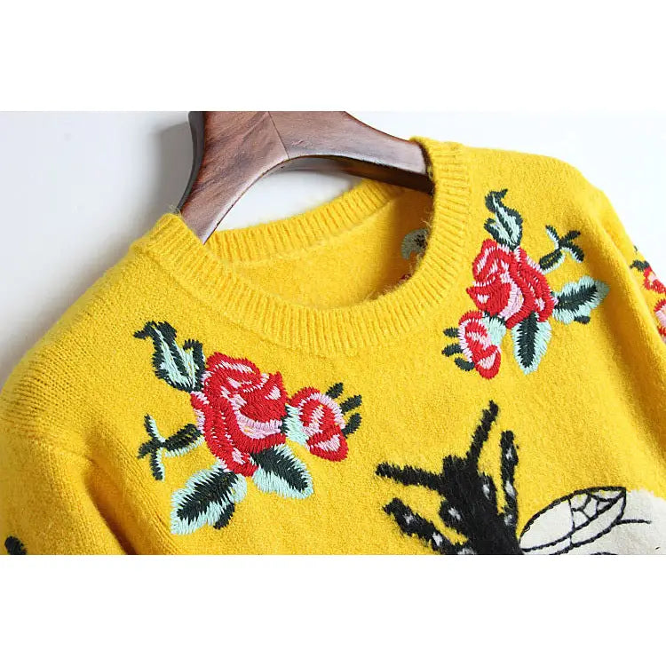 Yellow Bee Sweater | Embroidered Design | Relaxed Fit