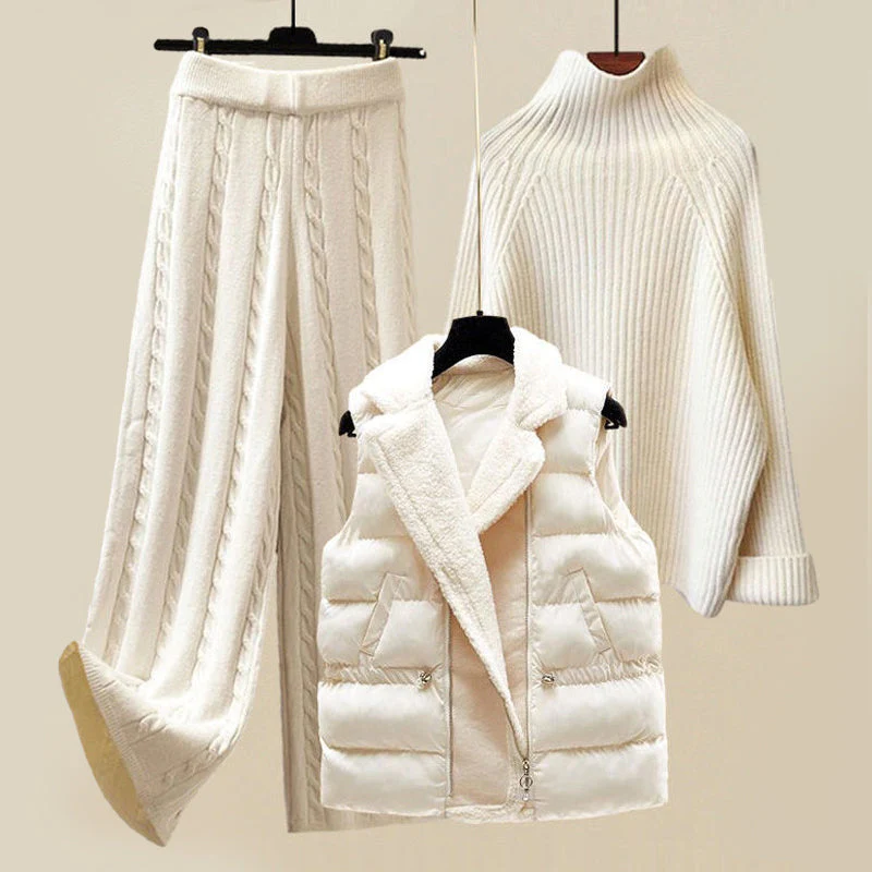 Ribbed Knit 3-Piece Set with Puffer Vest | Acrylic & Polyester | Cozy and Versatile