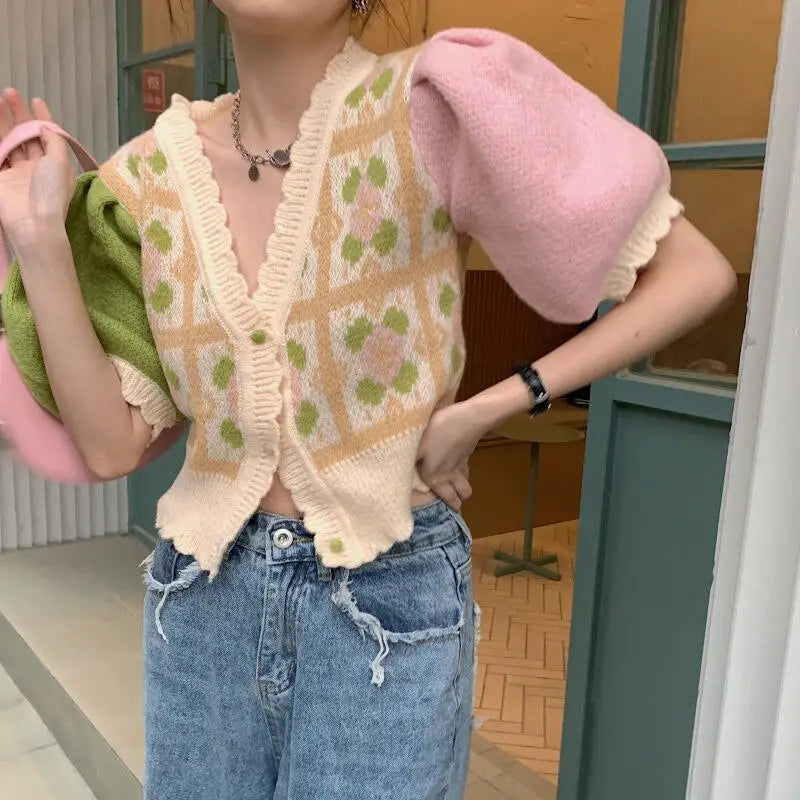 Cropped Knit Vest | Floral Embroidery | Color-Block Sleeves
