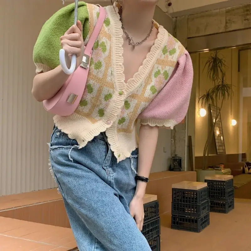 Cropped Knit Vest | Floral Embroidery | Color-Block Sleeves