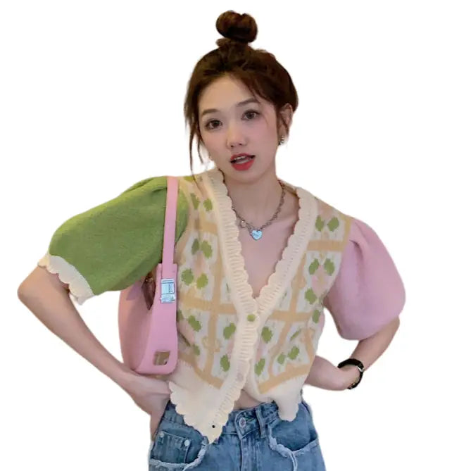 Cropped Knit Vest | Floral Embroidery | Color-Block Sleeves