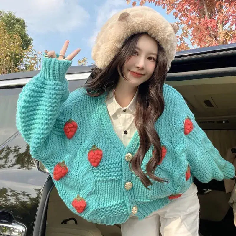 Chunky Knit Strawberry Cardigan | Oversized Fit | Playful Design