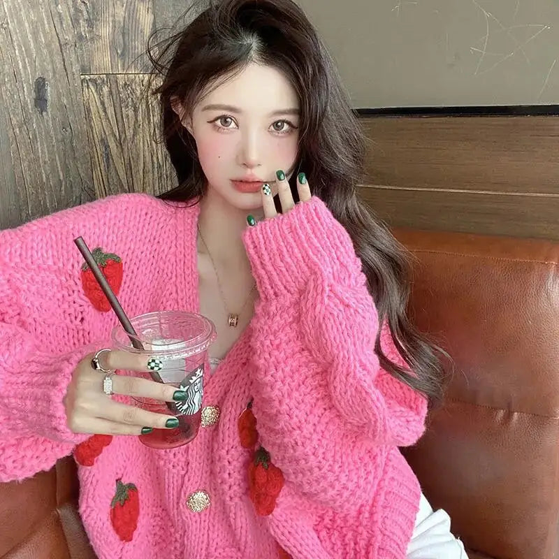 Chunky Knit Strawberry Cardigan | Oversized Fit | Playful Design