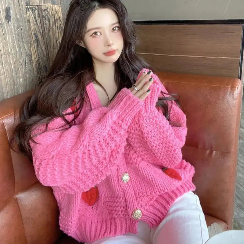Chunky Knit Strawberry Cardigan | Oversized Fit | Playful Design