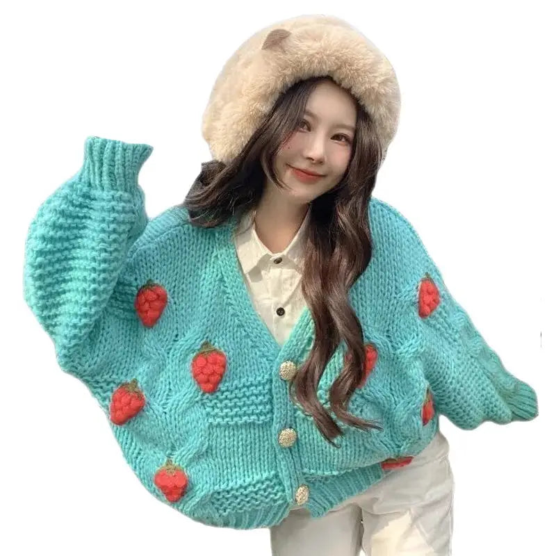 Chunky Knit Strawberry Cardigan | Oversized Fit | Playful Design