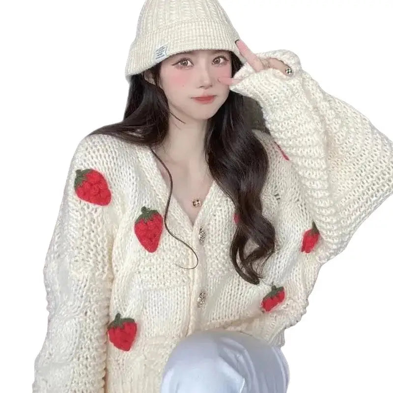 Chunky Knit Strawberry Cardigan | Oversized Fit | Playful Design